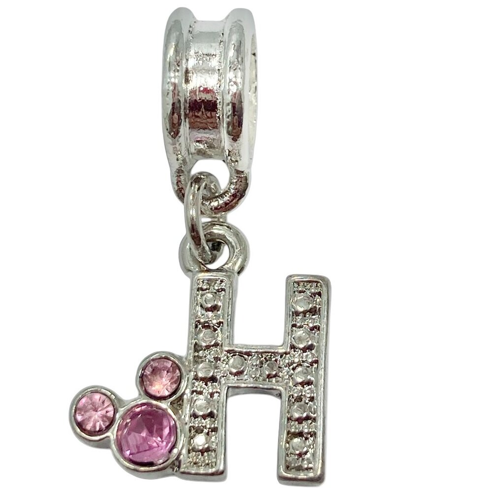 Vtg Disney Pink Crystal Mickey Mouse Ears European Slide Charm Initial Letter H